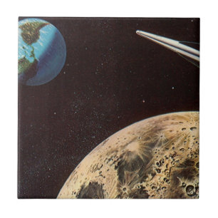Azulejo De Cerámica Ciencia Ficción Vintage, Nave Espacial Sobre la Lu