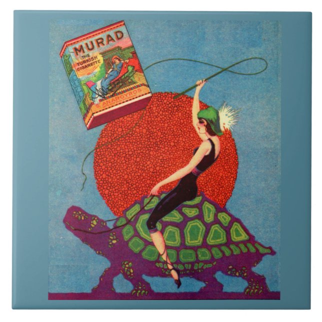 Azulejo De Cerámica Cigarrillos de Murad dama montando tortuga gigante (Frente)