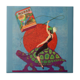Azulejo De Cerámica Cigarrillos de Murad dama montando tortuga gigante