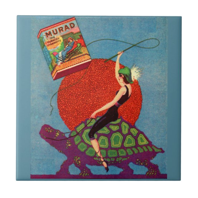 Azulejo De Cerámica Cigarrillos de Murad dama montando tortuga gigante (Frente)