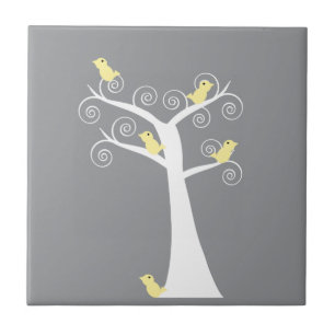 Azulejo De Cerámica Cinco Aves Amarillas Árbol Blanco Gris