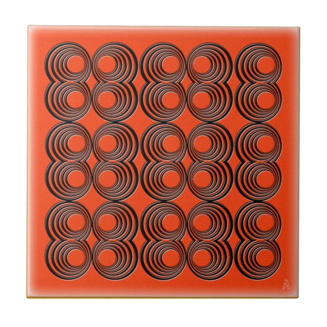 Azulejo De Cerámica Círculos negros concéntricos sobre el Naranja del  (Frente)