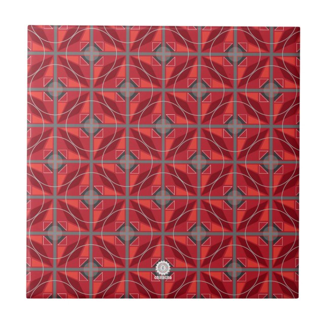 Azulejo De Cerámica Círculos originales 60s y diamantes retros rojos (Frente)