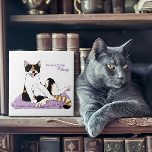 Azulejo De Cerámica Clásico Funny Calico Cat Purple