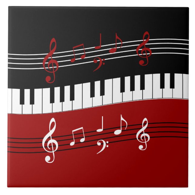 Azulejo De Cerámica Claves y notas de piano blanco rojo y negro (Frente)
