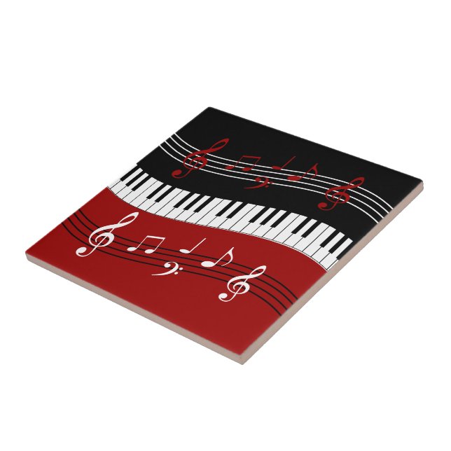 Azulejo De Cerámica Claves y notas de piano blanco rojo y negro elegan (Lado)