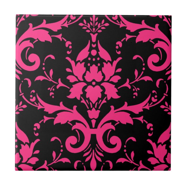 Azulejo De Cerámica Cocina de juego de Damasco rosa y Negro (Frente)