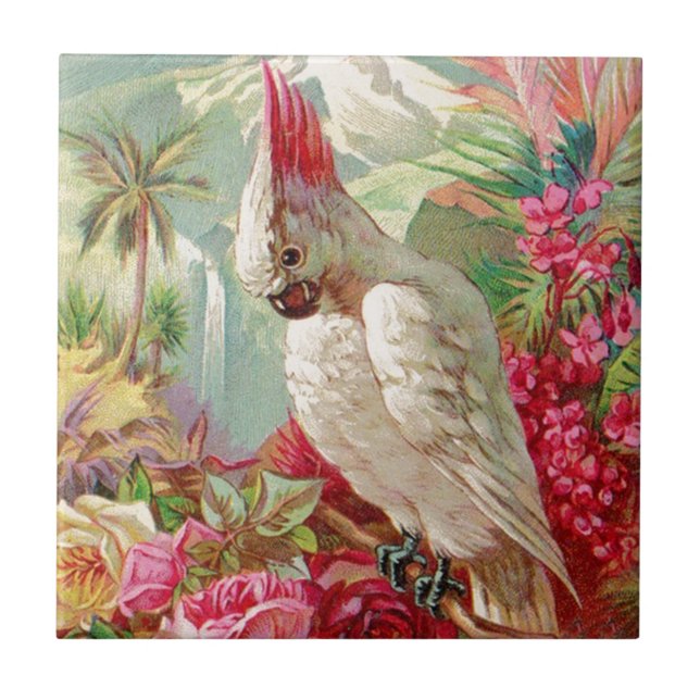 Azulejo De Cerámica Cockatoo y Rosas Arte de época (Frente)