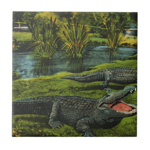 Azulejo De Cerámica Cocodrilos, Animales Reptiles Vida Marina Vintage