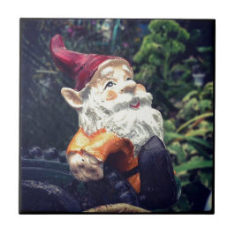 Azulejo De Cerámica Colgando con el gnomo en el jardín.