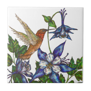 Azulejo De Cerámica Colibrí y Columbine rufos