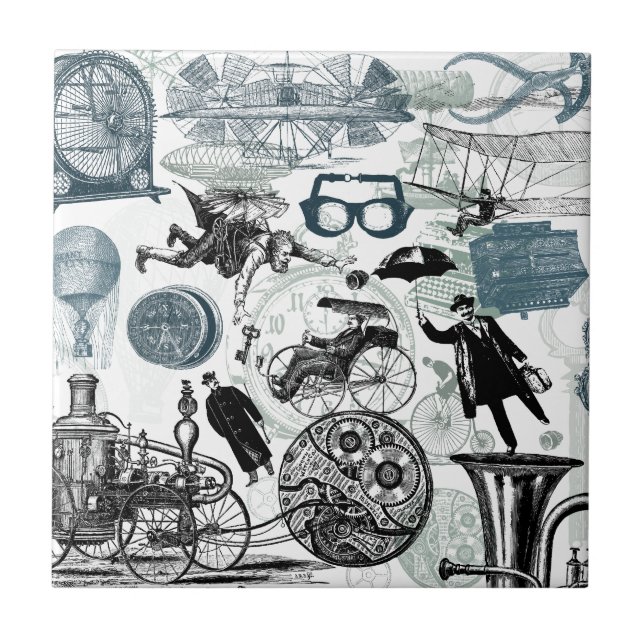 Azulejo De Cerámica Collage Colorized de Steampunk (Frente)
