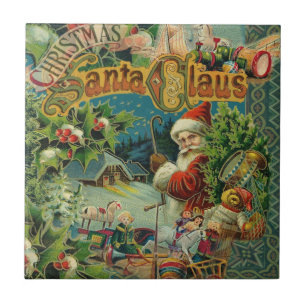 Azulejo De Cerámica Collage Navideño de Papá Noel Victoriano Antiguo