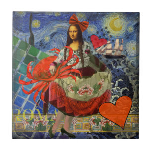 Azulejo De Cerámica Collage Noche Estrellada de Mona Lisa: Surrealista