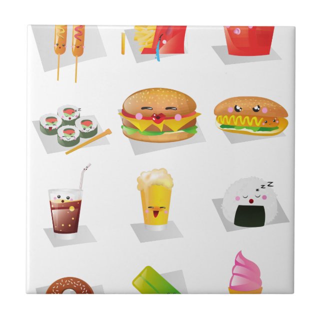Azulejo De Cerámica comida rápida kawaii (Frente)