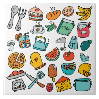 Azulejo De Cerámica Comidas y herramientas dibujadas mano de la cocina
