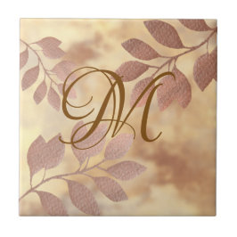 Azulejo de cerámica con hojas de oro rosa Monogram