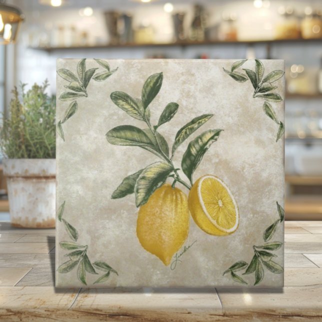 Azulejo de Cerámica con Limones Antiguos (Rustic Vintage Italian Lemons Ceramic Tile)