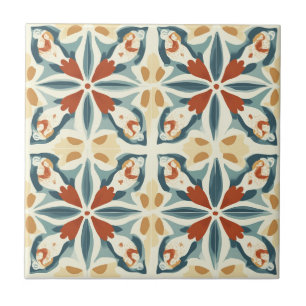 Azulejo de cerámica con patrón azul, amarillo y óx