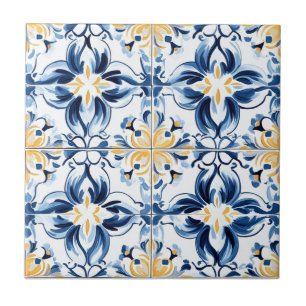 Azulejo de cerámica con patrón azul y dorado