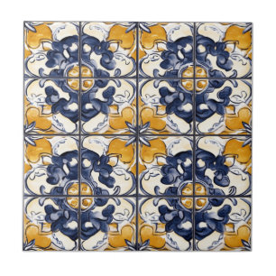 Azulejo de cerámica con patrón azul y dorado