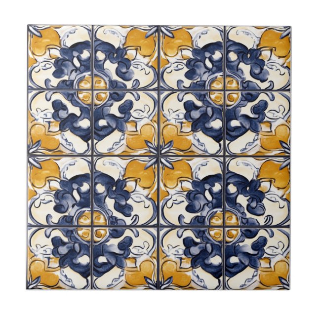 Azulejo de cerámica con patrón azul y dorado (Frente)