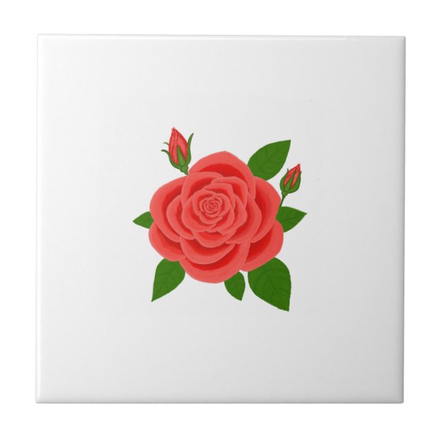 Azulejo De Cerámica Con Rosa Roja Y Capullos (Frente)