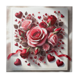 Azulejo de cerámica con rosas rosadas y corazones 