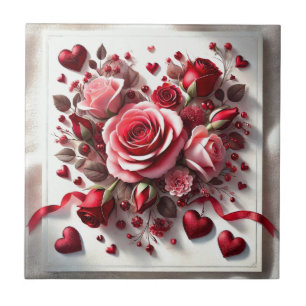Azulejo de cerámica con rosas rosadas y corazones 