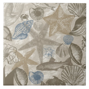 Azulejo De Cerámica conchas de playa del océano azul crema