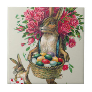 Azulejo De Cerámica Conejito de Pascua Papá Niño Rosa Canasta Huevo