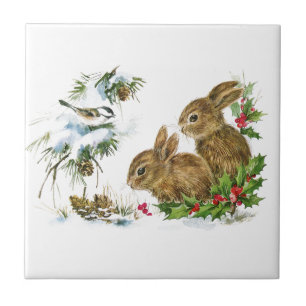Azulejo De Cerámica Conejitos del navidad del vintage en la nieve