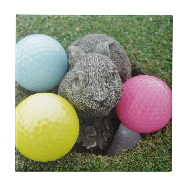 Azulejo De Cerámica Conejo con huevo amarillo azul rosa (Frente)