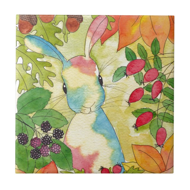 Azulejo De Cerámica Conejo de otoño por Peppermint Art (Frente)