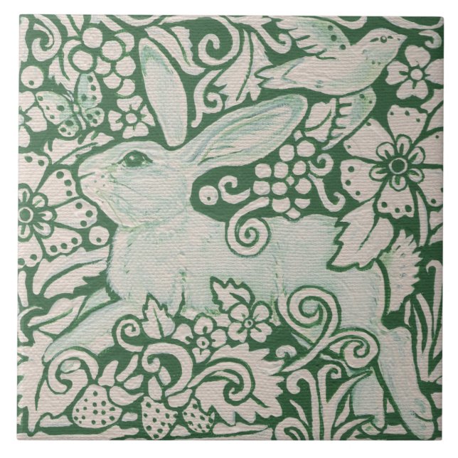Azulejo De Cerámica Conejo verde con pintura en triviet de 6" en mosai (Frente)
