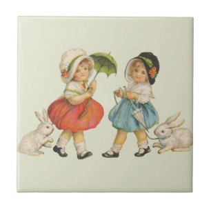 Azulejo De Cerámica Conejos de Pascua vintage niños sombreros Antiguo