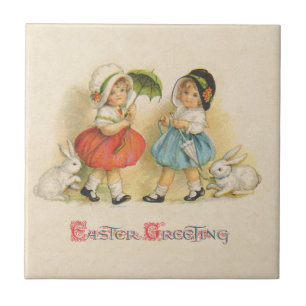 Azulejo De Cerámica Conejos de Pascua vintage niños sombreros Antiguo