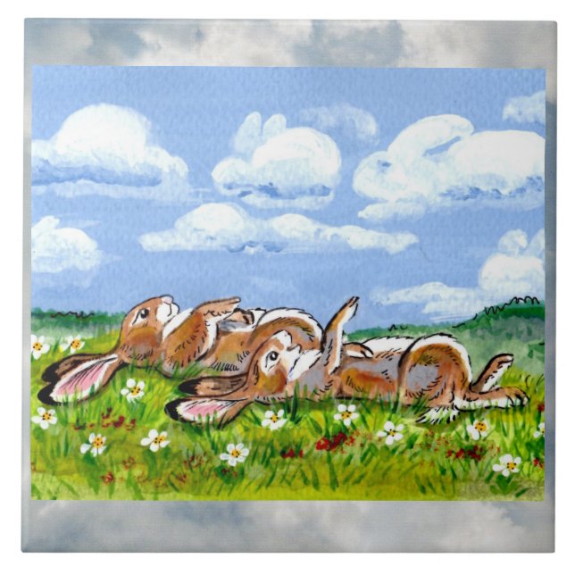 Azulejo De Cerámica Conejos viendo nubes humorísticas Trivet en mosaic (Frente)