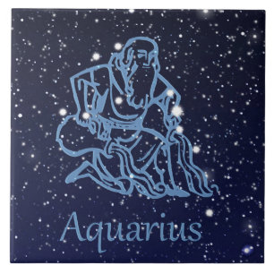 Azulejo De Cerámica Constelación de Acuario y signo del zodiaco con es
