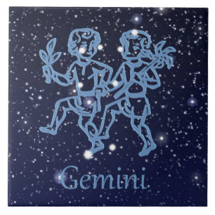 Azulejo De Cerámica Constelación de Gemini y Rótulo Zodiaco con estr