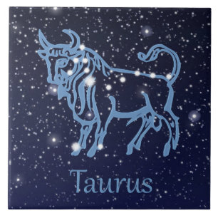 Azulejo De Cerámica Constelación de Tauro y signo zodiacal con estrell
