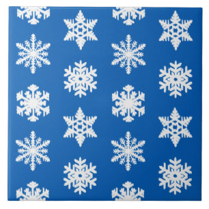 Azulejo De Cerámica Copia Ikat Copos de nieve - Azul cobalto y blanco
