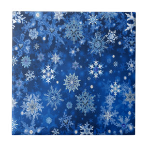 Azulejo De Cerámica Copo de Nieve de Navidad Azul y Plateado