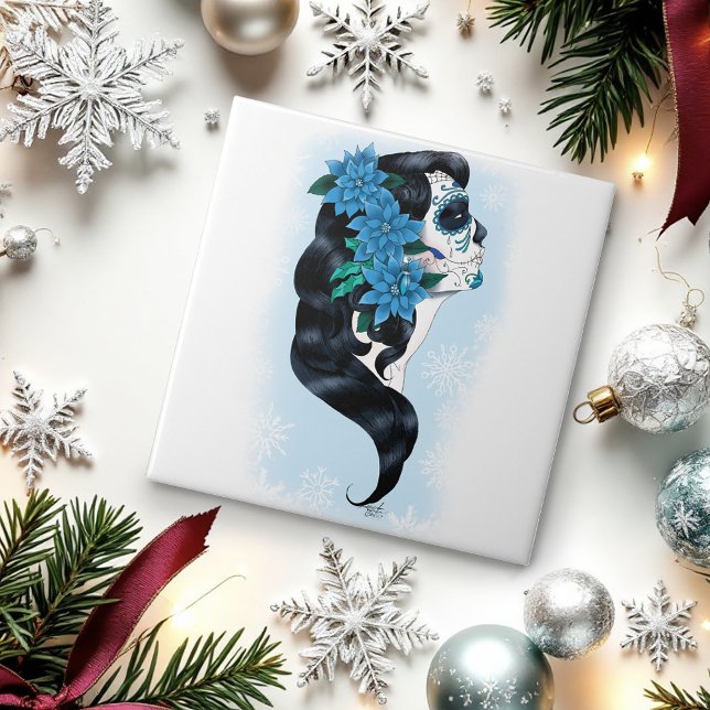 Azulejo De Cerámica Copos de nieve azules con cráneo de azúcar de invi (Subido por el creador)