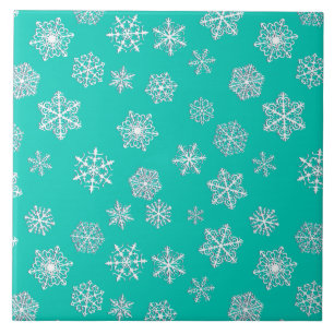 Azulejo De Cerámica Copos de nieve blancos de 3 d sobre un fondo turqu