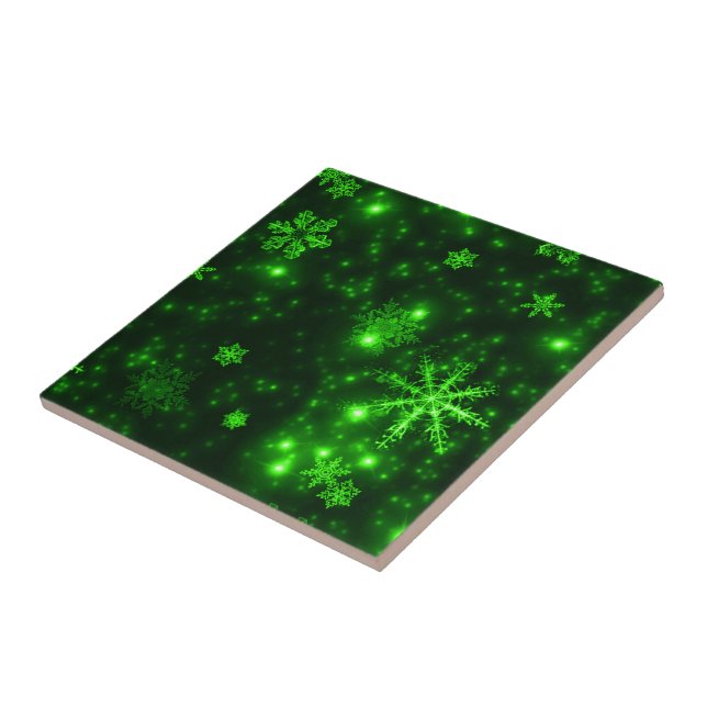 Azulejo De Cerámica Copos de nieve con fondo verde (Lado)