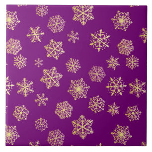 Azulejo De Cerámica Copos dorados de nieve sobre fondo morado