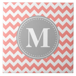 Azulejo De Cerámica Coral Rosa Chevron Zigzag Gray Monograma