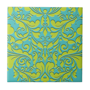 Azulejo De Cerámica Corazón de Damasco de Corazón Turquesa y Lime de H
