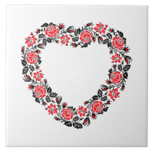 Azulejo De Cerámica Corazón original de flores rojas costillas